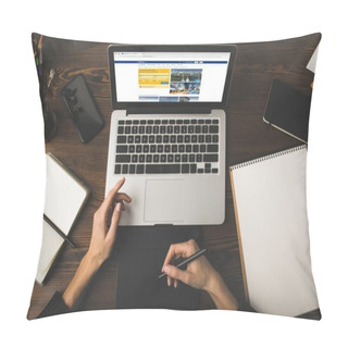 Personality  Cropped Shot Of Designer Using Graphics Tablet And Laptop With Booking Website On Screen  Pillow Covers