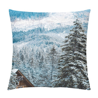 Personality  Wooden House Near Pine Trees In Winter Snowy Mountains Pillow Covers