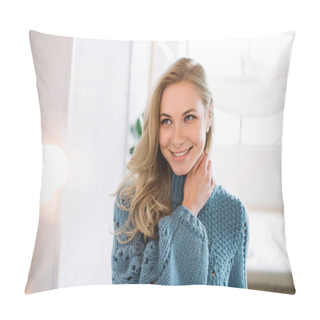 Personality  Cheerful Happy Fashion Model Smiling. Sensual Woman Posing For Pictures At Cozy Home. Authentic Portrait Of Positive Female With Perfect Skin And Beautiful Body.  Skincare Concept.  Pillow Covers