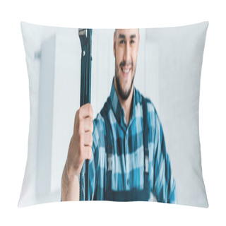 Personality  Panoramic Shot Of Happy Handyman In Uniform Holding Wire Cutters  Pillow Covers