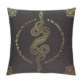 Personality  Two Gold Serpents Intertwined. Inscription Is A Maxim In Hermeticism And Sacred Geometry. As Above, So Below. Tattoo, Poster Or Print Design Vector Illustration. Pillow Covers
