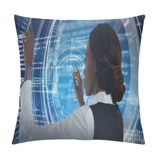 Personality  Side View Of Businesswoman Using Interface Against Digitally Generated Image Of Volume Knob Interface Pillow Covers