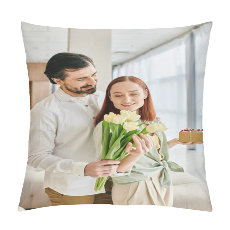 Personality  A Bearded Man Lovingly Offers A Bouquet Of Tulips To A Redhead Woman In A Modern Apartment. Pillow Covers