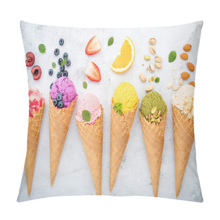 Personality  Various Of Ice Cream Flavor In Cones Blueberry ,pistachio ,almond ,orange And Cherry Setup On White Stone Background . Summer And Sweet Menu Concept. Pillow Covers