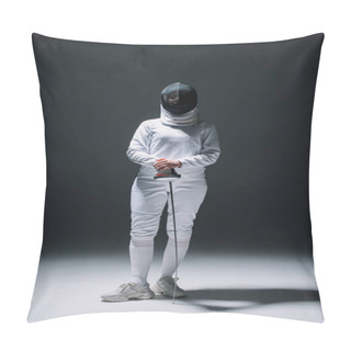 Personality  Fencer In Fencing Mask And Suit Holding Rapier Under Spotlight On Black Background Pillow Covers