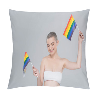 Personality  Happy Woman In White Top Posing With Small Lgbt Flags Isolated On Grey Pillow Covers