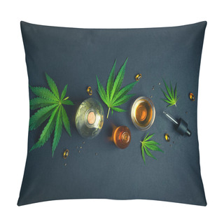 Personality  CBD Oil, Tincture With Hemp Leaves On Black Background Medical Cannabis Concept Pillow Covers