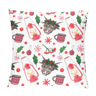 Personality  Watercolor Seamless Pattern. Christmas Bulls On A White Background. Bull, Snoflake, Lamp, Red Mug, Leaves And Berry. Pillow Covers