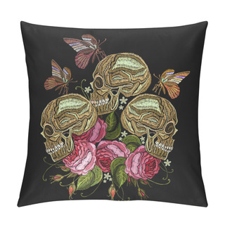 Personality  Embroidery Skulls, Roses Flowers And Butterfly. Gothic Romantic Pillow Covers