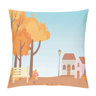 Personality  Landscape In Autumn Nature Scene, Cottages Bench Park Trees And Leaves Pillow Covers