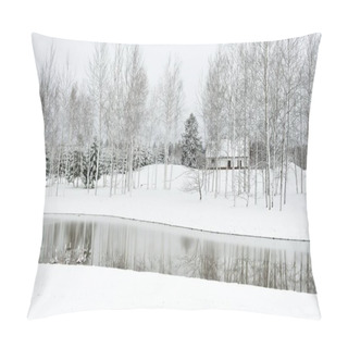 Personality  Forest River And Lonely Modern Traditional House On A Cloudy Winter Day. Blizzard, Snow Hills. Young Spruce And Birch Trees. Idyllic Rural Scene. Christmas Vacations, Ecological Resort, Remote Places Pillow Covers