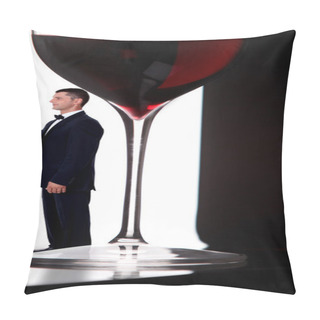 Personality  Wine Steward Posing Next To Giant Glass Of Wine Pillow Covers