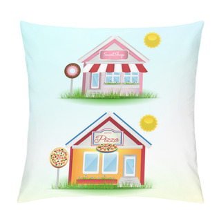 Personality  Set Of Cartoon Shops. Pizzeria And Sweet Shop. Vector Illustration. Pillow Covers