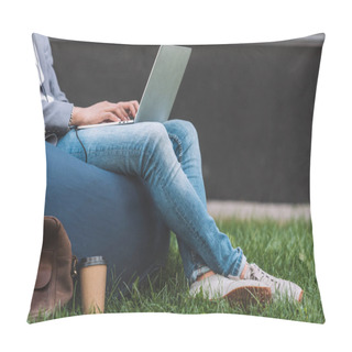 Personality  Cropped View Of Teleworker Using Laptop While Sitting On Bean Bag Chair Pillow Covers