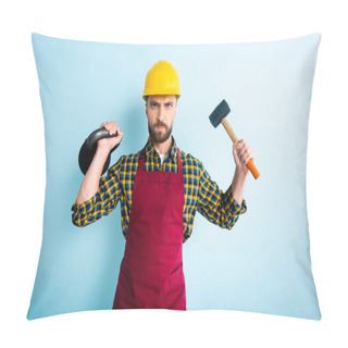 Personality  Angry Bearded Workman Holding Hammer And Dumbbell On Blue  Pillow Covers