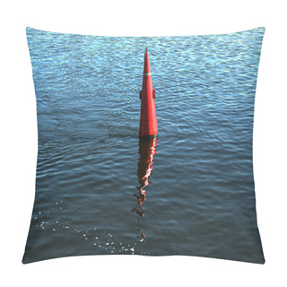Personality  Floating Red Navigational Buoy On Blue Water Of Dnipro River. Buoy In The River. Navigation Equipment. Tranquil Water Surface. Pillow Covers