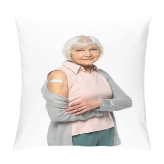 Personality  Elderly Woman With Adhesive Patch On Arm Looking At Camera Isolated On White  Pillow Covers