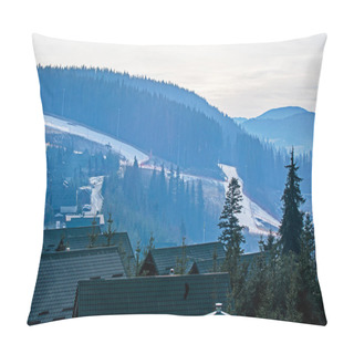 Personality  Wooden Houses Made Of Solid Wood On A Gentle Slope In The Early Morning. Active Recreation Pillow Covers