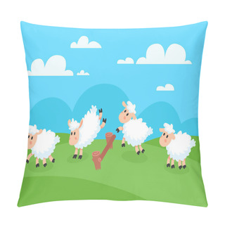 Personality  Counting Jumping Sheeps For Goodnight Sleep. Sheep Jump Over Fence For Insomnia Vector Concept Illustration Pillow Covers