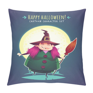 Personality  Funny Halloween Witch With Broom. Vector Character Illustration Pillow Covers