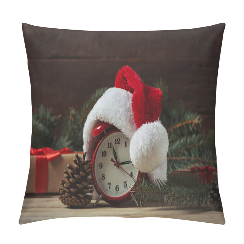 Personality  Santa Claus' Hat On The Watch. Gift, Fir Cone On A Wooden Backgr Pillow Covers