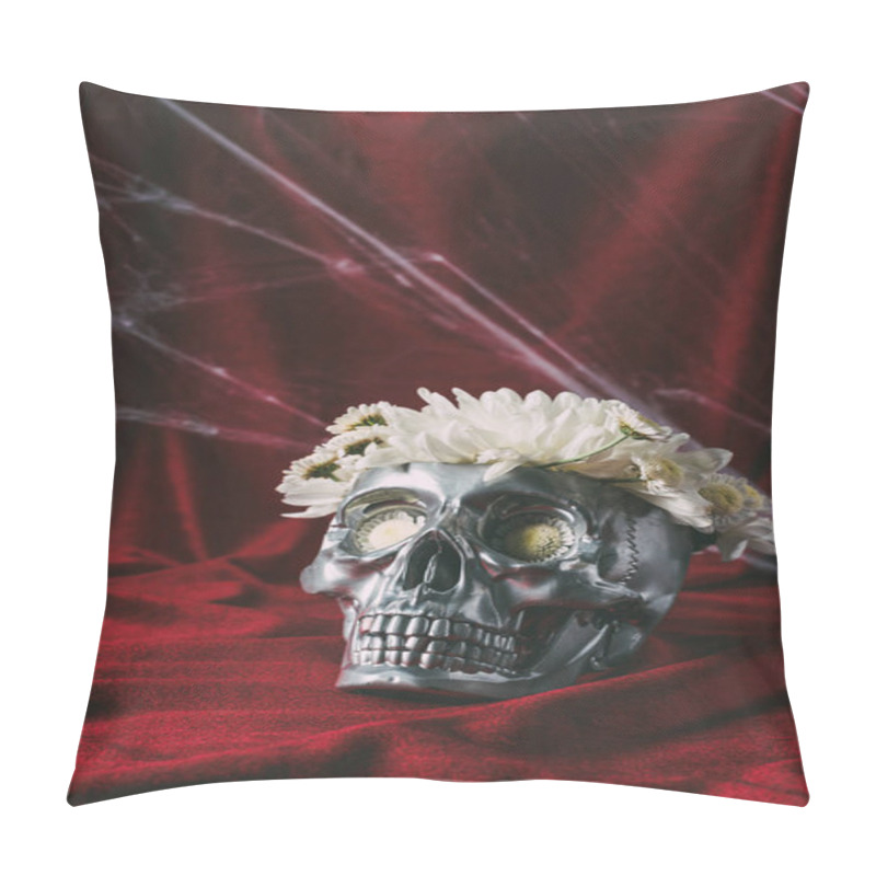 Personality  Halloween Silver Skull With Flowers On Red Cloth With Spider Web  Pillow Covers