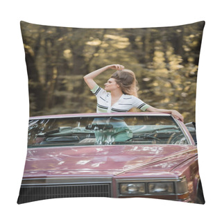 Personality  Stylish Woman Touching Hair And Looking Away While Standing In Vintage Cabriolet Pillow Covers