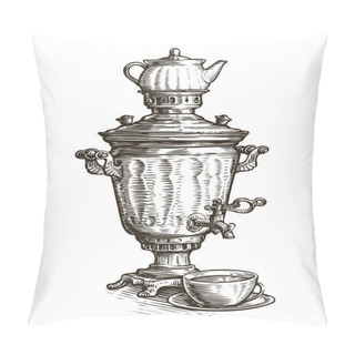 Personality  Samovar Sketch. Russian Traditional Old Fashioned Style Of Tea Drinking. Vintage Vector Pillow Covers