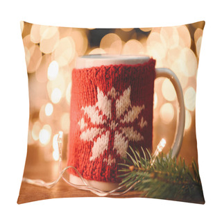 Personality  Close Up View Of Cup Of Hot Drink, Pine Tree Branch And Garland On Wooden Tabletop With Bokeh Lights Background Pillow Covers