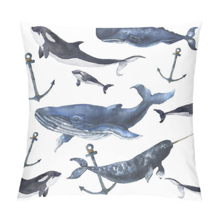 Personality  Watercolor Seamless Pattern With Whales And Anchor. Hand Painted Ornament With Blue Whale, Narwhal, Orca And Sperm Whale Isolated On White Background. Nautical Illustration For Design Pillow Covers