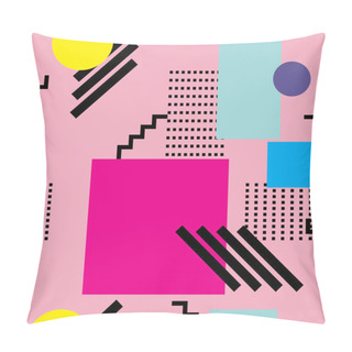 Personality  Seamless Memphis Style Pattern With Colorful Geometrical Shapes And Pink Background Pillow Covers