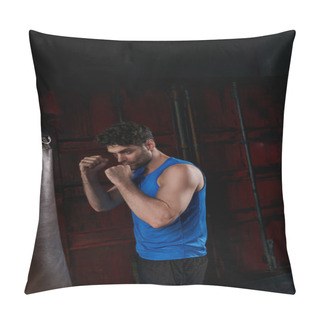 Personality  Unshaven Man In Sportswear Training With Punching Bag In City At Night Pillow Covers