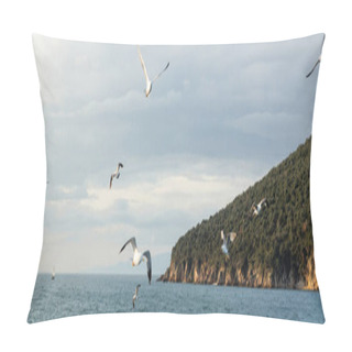 Personality  Seagulls Flying Above Sea With Coast And Horizon At Background In Turkey, Banner  Pillow Covers