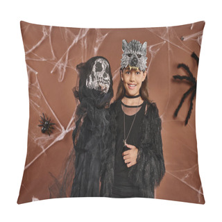 Personality  Close Up Cheerful Preadolescent Girl In Wolf Mask Showing Halloween Toy, Halloween Concept Pillow Covers