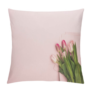 Personality  Top View Of Pink And Purple Tulips Wrapped In Paper On Pink Background Pillow Covers