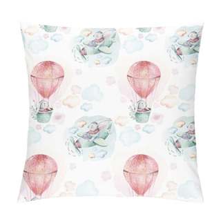 Personality  Hand Drawing Fly Cute Easter Pilot Bunny Watercolor Cartoon Bunnies With Airplane And Balloon In The Sky Textile Pattern. Turquoise Watercolour Textile Illustration Pillow Covers