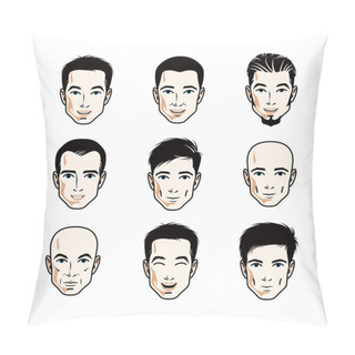 Personality  Set Of Men Faces, Human Heads. Different Vector Characters Like Brunet, Bald, With Whiskers Or Bearded, Handsome Males. Pillow Covers