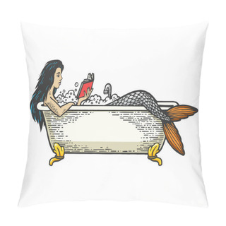 Personality  Mermaid Reading Book In Bath Color Sketch Engraving Vector Illustration. Scratch Board Style Imitation. Black And White Hand Drawn Image. Pillow Covers