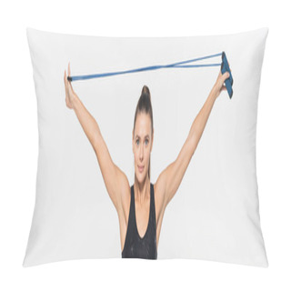Personality  Fit Sportswoman Looking At Camera While Holding Jump Rope Isolated On White, Banner, Sport Concept Pillow Covers