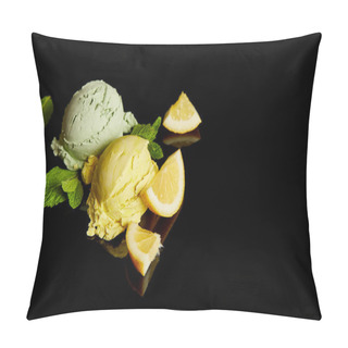 Personality  Fresh Delicious Lemon And Mint Ice Cream Isolated On Black Pillow Covers