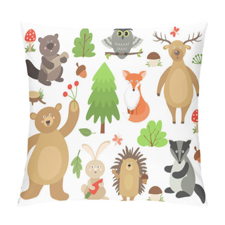 Personality  Cute Woodland Animals. Beaver Fox Deer Owl Bear Hare Hedgehog Badger. Cartoon Forest Animal Collection Pillow Covers