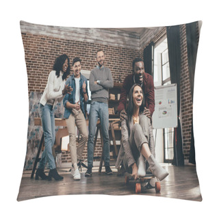 Personality  Cheerful Group Of Multiethnic Coworkers Having Fun With Skateboard In Loft Office Pillow Covers