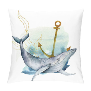 Personality  Watercolor Underwater Card With Blue Whale. Hand Painted Composition With Anchor And Golden Laminaria Isolated On White Background. Line Art Illustration For Design, Fabric Prints Or Background. Pillow Covers