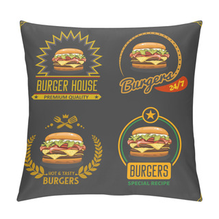 Personality  Fast Food Menu. Burger Emblems, Labels And Design Elements. Burger House Logo Design Template. Pillow Covers