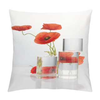 Personality  Product Crystal Minimal Scene With Glass Geometric Display Platform And Poppies Flowers. Stand To Show Cosmetic Product. Pillow Covers