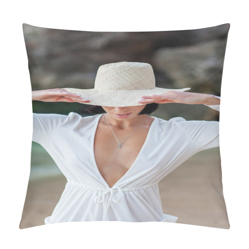 Personality  Beautiful woman by the ocean at sunset pillow covers