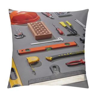Personality  Flat Lay With Brick, Helmet And Industrial Tools On Grey Background Pillow Covers