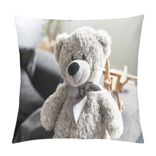 Personality  Close-up View Of Beautiful Grey Teddy Bear On Sofa Pillow Covers