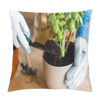Personality  Cropped Of Woman In Gloves Holding Shovel With Ground While Transplanting Plant With Green Leaves  Pillow Covers