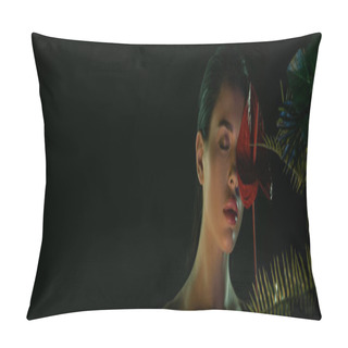 Personality  Woman With Closed Eyes Covering Face With Flower Near Leaves Isolated On Black, Panoramic Shot Pillow Covers